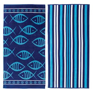 Blue Printed Cotton Velour 2 Pack Premium Beach Towels