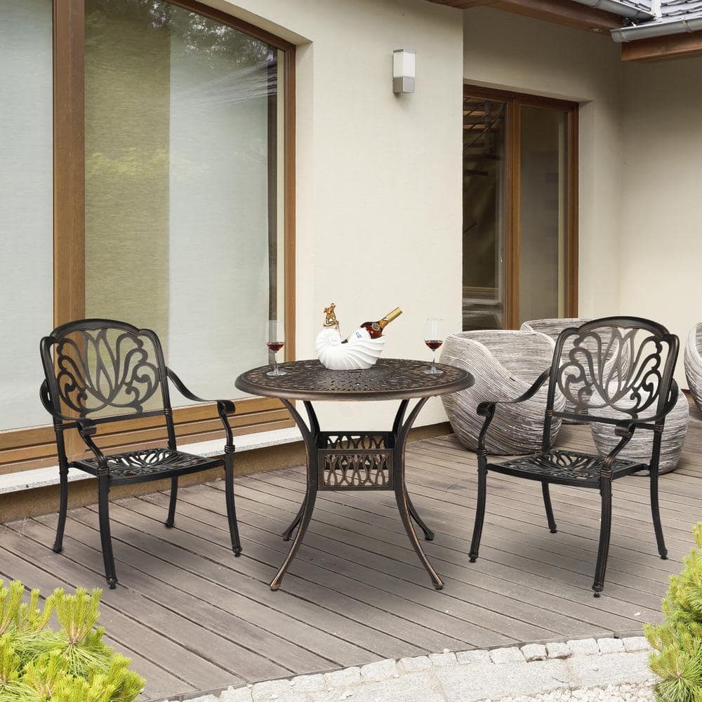 Round Deep Bronze Aluminum Outdoor Dining Table with Umbrella Hole
