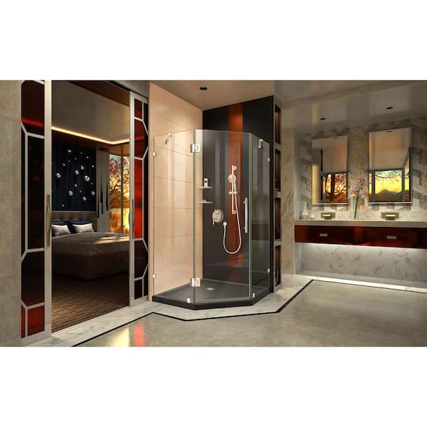 Prism Lux 42 in. x 42 in. x 74.75 in. Frameless Hinged Shower Enclosure in Chrome with Shower Base