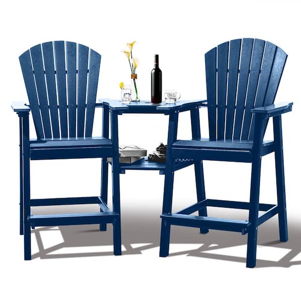 HARRIETT HOME LLC Outdoor Hdpe Tall Adirondack Chair Set with Connecting Tray in Blue (Set of 2)