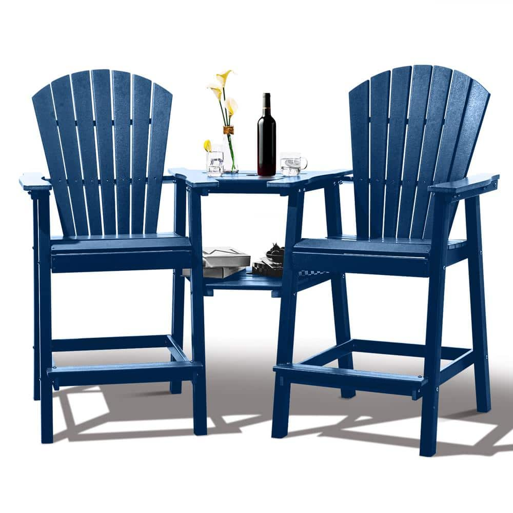 Outdoor Hdpe Tall Adirondack Chair Set With Connecting Tray In Blue   Plastic Adirondack Chairs Gjy Bu2pc 64 1000 