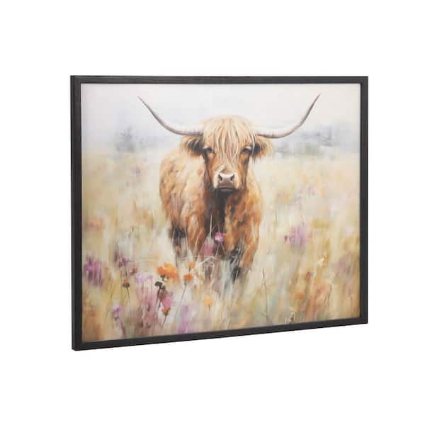 Kate and Laurel Gallery Highland Cow in a Flower Field Landscape by The Creative Bunch Studio Black Framed Art Print 20 in. x 16 in.