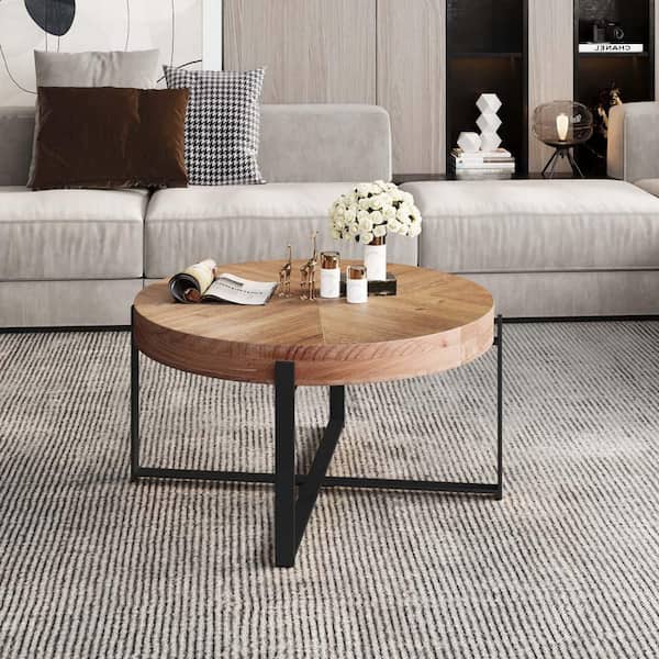wetiny 33.86 in. Black Round Wood Coffee Table with Cross Legs Base