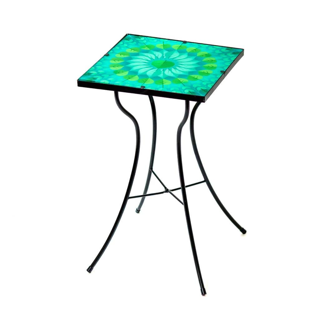Green and Teal Leaf Design Glass and Metal Side Table