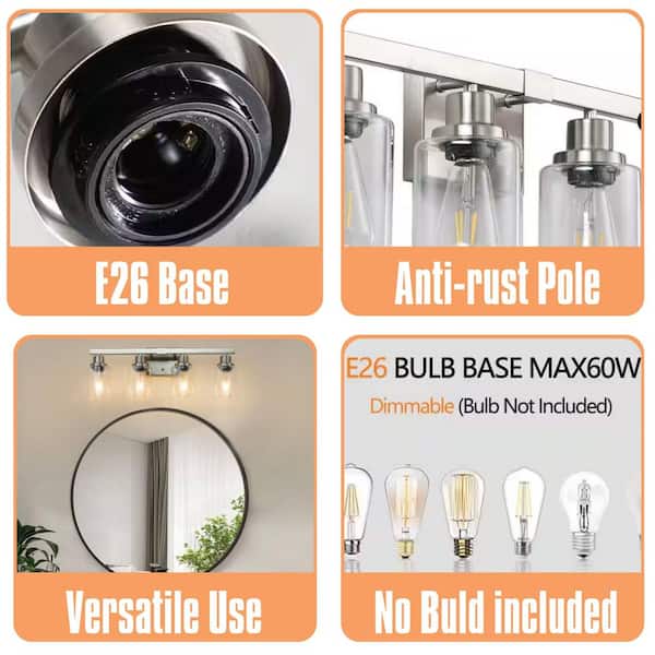 24.2 in. 4-Light Bathroom Vanity Light Wall Sconce in Brushed Nickel,Clear Glass Shades,Dressing Area Lighting(No Bulbs)