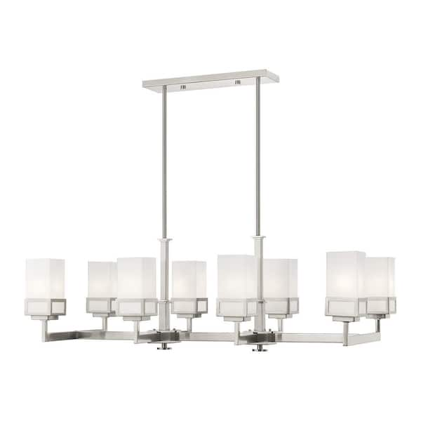 AVIANCE LIGHTING Delchester 8-Light Brushed Nickel Linear Chandelier with Satin Opal White Glass Square Square