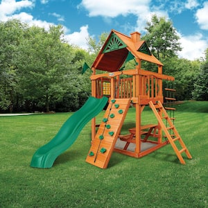 Chateau Tower Wooden Outdoor Playset with Picnic Table, Wave Slide, Rock Wall, Sandbox, and Swing Set Accessories