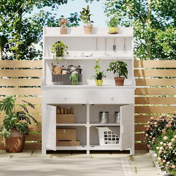 Unbranded White 22.8 in. W x 65 in. H Wood Garden Potting Bench Table with Storage Shelf, Drawer and Cabinet