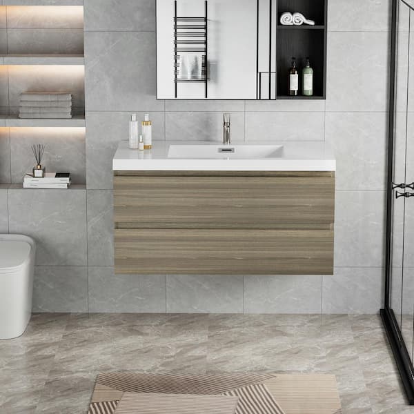 ANGELES HOME 42 in. W Floating Bathroom Vanity in Ash Grey with White Resin Top Basin, Soft Close Drawers