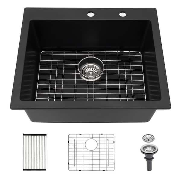 25 in. Drop-In/Topmount Deep Single Bowl Sink Black Quartz Composite Kitchen Sink 2 Holes Round Corner with Bottom Grid