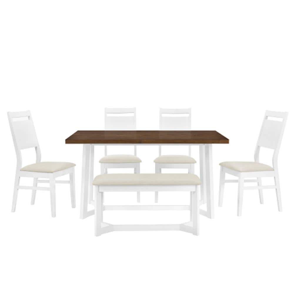 White 6-Piece Wood Trestle Leg Table Upholstered Chairs and Bench Outdoor D