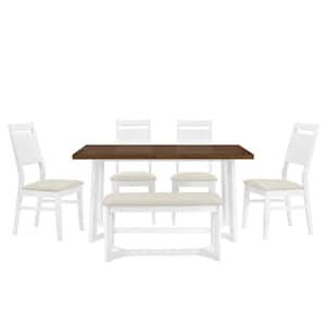 White 6-Piece Wood Trestle Leg Table Upholstered Chairs and Bench Outdoor Dining Set with Beige Comfortable Cushions