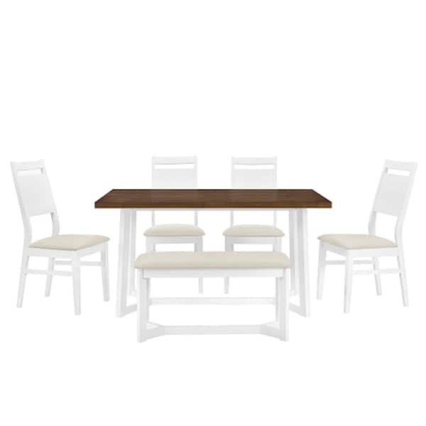 Unbranded White 6-Piece Wood Trestle Leg Table Upholstered Chairs and Bench Outdoor Dining Set with Beige Comfortable Cushions