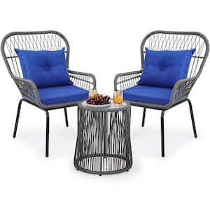 3-Piece Wicker Outdoor Bistro Set Conversation Chairs with Soft Cushions Gray