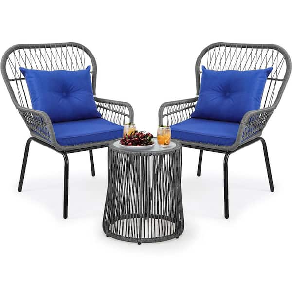 DEXTRUS 3-Piece Wicker Outdoor Bistro Set Conversation Chairs with Soft Cushions Gray