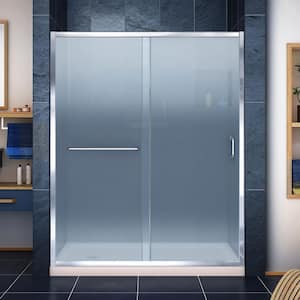 Infinity-Z 34 in. x 60 -Frameless Sliding Shower Door in Chrome with Left Drain Shower Base in Biscuit