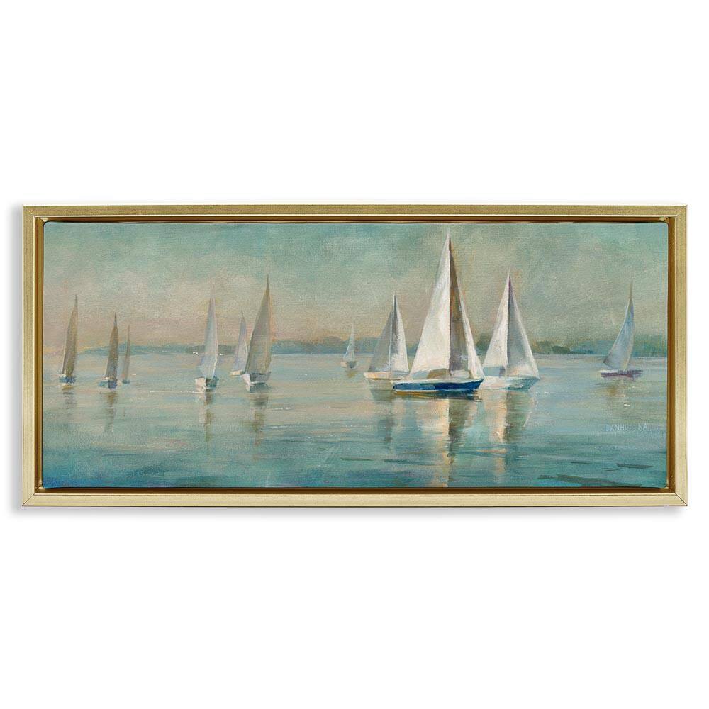 Panoramic Sailing at Sunrise by Danhui Nai Gold Floater Frame Coastal Graphic Art Print 14 in. x 31 in. price history on PriceWatchPro