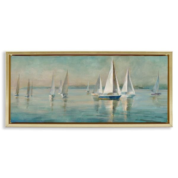 Stupell Industries Panoramic Sailing at Sunrise by Danhui Nai Gold Floater Frame Coastal Graphic Art Print 14 in. x 31 in.