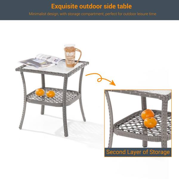 JOYESERY Patio Water Rippled Glass Side Table, Grey Rattan