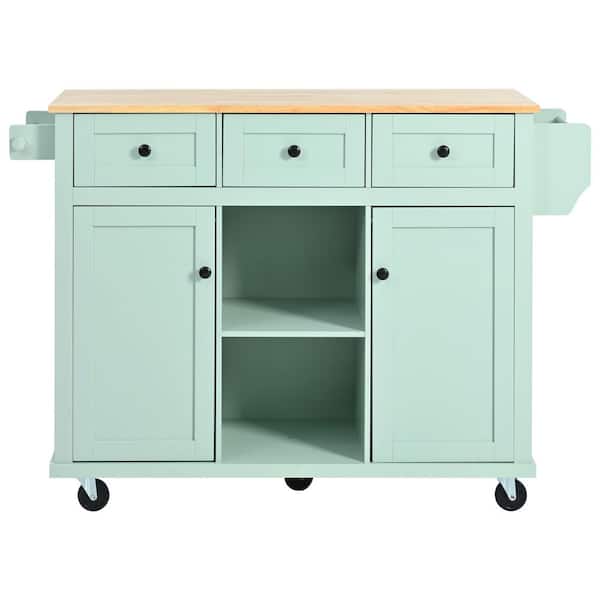 Runesay Mint Green Wood 53.1 in. Kitchen Island on 5-Wheels with Storage Cabinet and 3-Drawers Drop-Leaf for Dinning Room