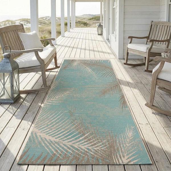 Monaco Tropical Palms Aqua Blue 2 ft. x 12 ft Coastal Flatwoven Floral Polypropylene Runner Indoor/Outdoor Area Rug