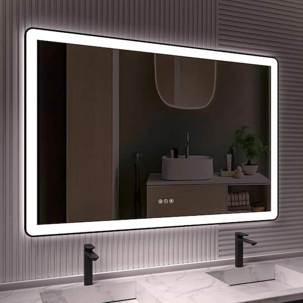 TOOLKISS 60 in. W x 40 in. H Rectangular Framed LED Anti-Fog Wall Bathroom Vanity Mirror in Black with Backlit and Front Light