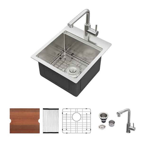 15 in. Drop-In Single Bowl 16-Gauge Stainless Steel Workstation Bar Kitchen Sink with Faucet and Bottom Grid