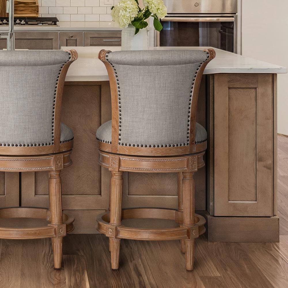 Chapman 26" Weathered Natural Wood Swivel Counter-Height Barstool with Gray Upholstery
