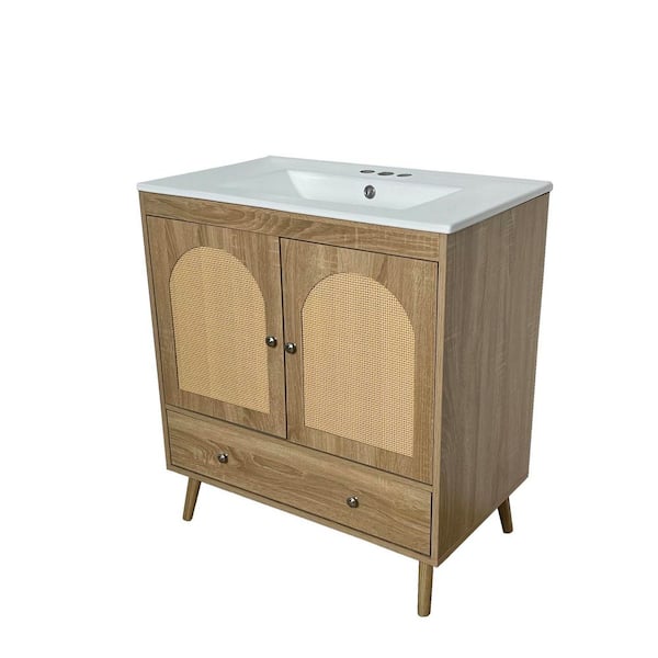 30 in. Freestanding Oak Bath Vanity with 3-Hole White Ceramic Top Unassembled, Rustic Open-Front Boho Design