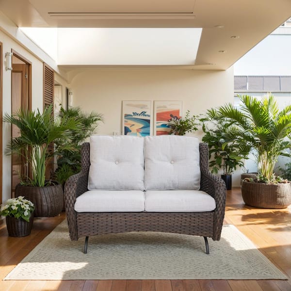 moosprr Brown PE Wicker Outdoor Loveseat with Beige Cushions and Glide Function