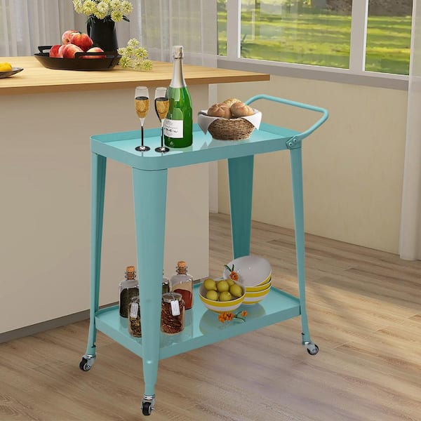 Maypex Teal Metal Frame Bar Cart with Handle