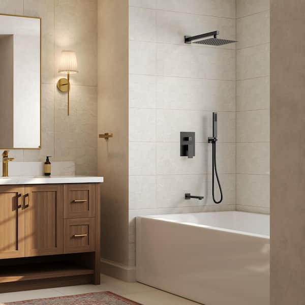 3-Spray Square High Pressure Wall Bar Shower Kit Tub and Shower Faucet with Hand Shower in Matte Black (Valve Included)