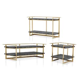 Muscher 50.5 in. 3-Piece Gold Coating and Black Rectangle Faux Marble Coffee Table Set with Shelf
