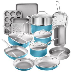 20-Piece Aluminum Ti-Ceramic Nonstick Cookware and Bakeware Set in Aqua Blue