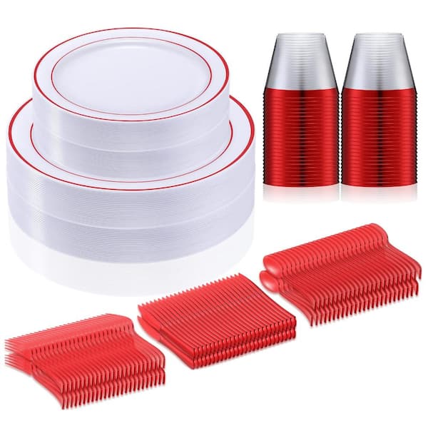 Clear Red Rim Disposable Plastic Dinnerware Set with Plates, Cutlery and Cups for 50 Guests (Set of 300)