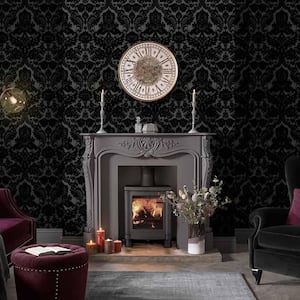 Gothic Damask Flock Noir Nonwoven Paper Paste the Wall Removable Wallpaper