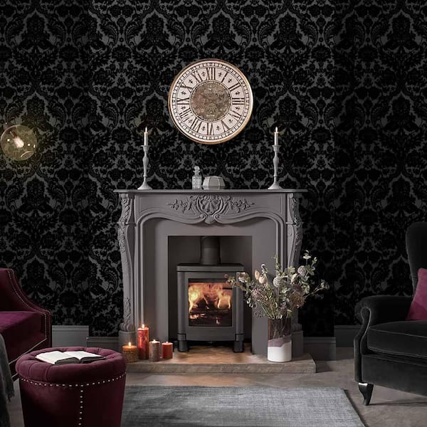 Gothic Damask Flock Noir Black Paste the Wall Wallpaper