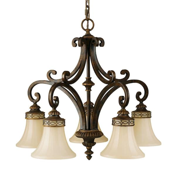 Generation Lighting Drawing Room 5-Light Walnut Traditional Bell Hanging Chandelier with Tinted Glass Shade
