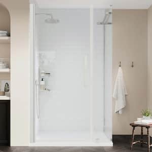 Pasadena 36 in. L x 32 in. W x 75 in. H Corner Shower Kit w/Pivot Frameless Shower Door in SN w/Shelves and Shower Pan