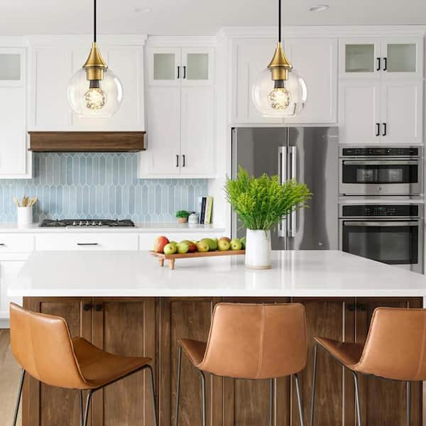 Modern 6 in. 1-Light Gold Mini Pendant Light with Round Clear Glass Shade, Crystal Bulb Included