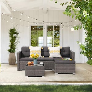 Joivi Grey 3-Piece Wicker Outdoor Sectional Set with Dark Grey Cushions