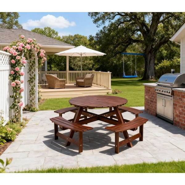 Unbranded 70 in. Brown Round 8-Person Wooden Picnic Table, Camping Table with Built-in Benches and Umbrella Hole