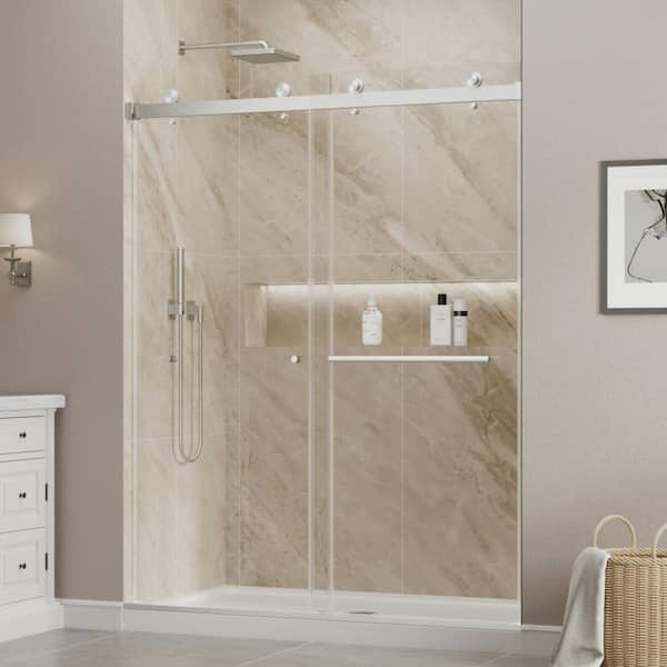 43-48 in. W x 76 in. H Double Sliding Frameless Shower Door in Brushed Nickel with 1/4 in. Clear Glass