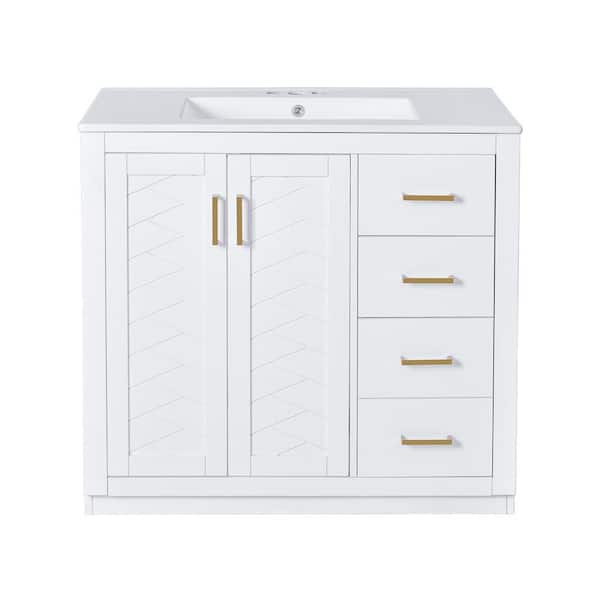 36 in. Single Sink Freestanding White Bath Vanity with White Ceramic Top Unassembled