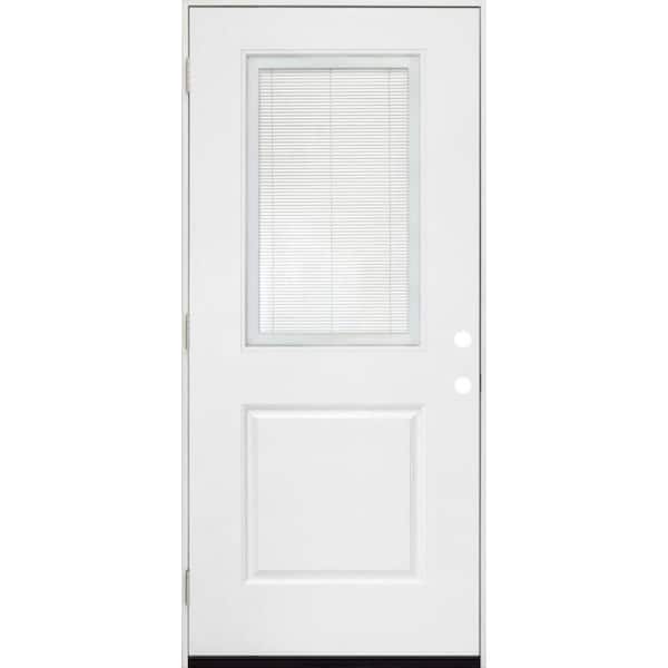 Steves & Sons Legacy 32 in. x 80 in. Right-Hand/Outswing Half Lite Clear Glass Mini-Blind White Primed Fiberglass Prehung Front Door