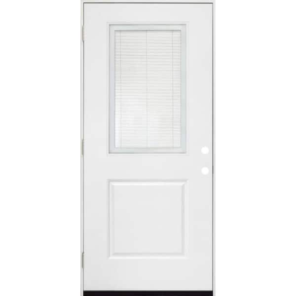 Steves & Sons Legacy 36 in. x 80 in. Right-Hand/Outswing Half Lite Clear Glass Mini-Blind White Primed Fiberglass Prehung Front Door
