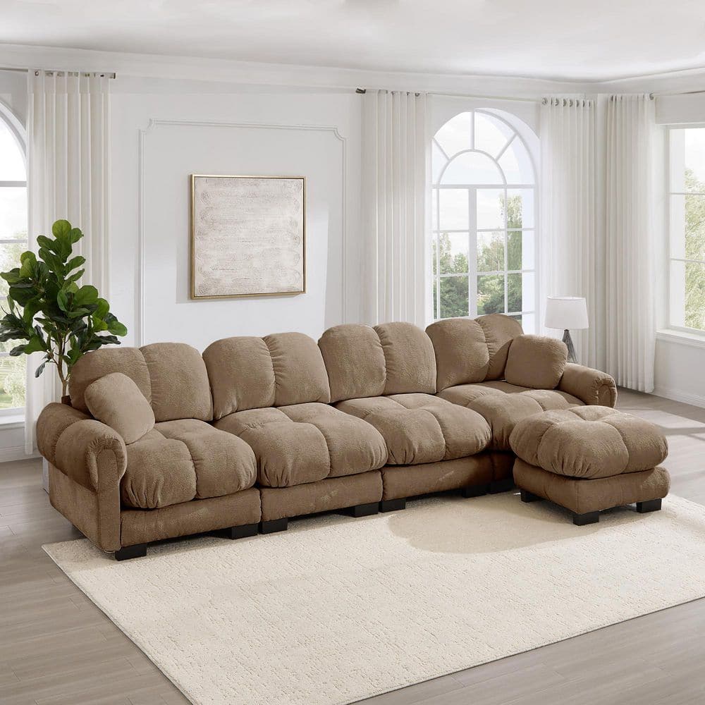 131.5 in. Rolled Arm Chenille L-Shaped Convertible Sofa in Brown with Movable Ottoman price history on PriceWatchPro