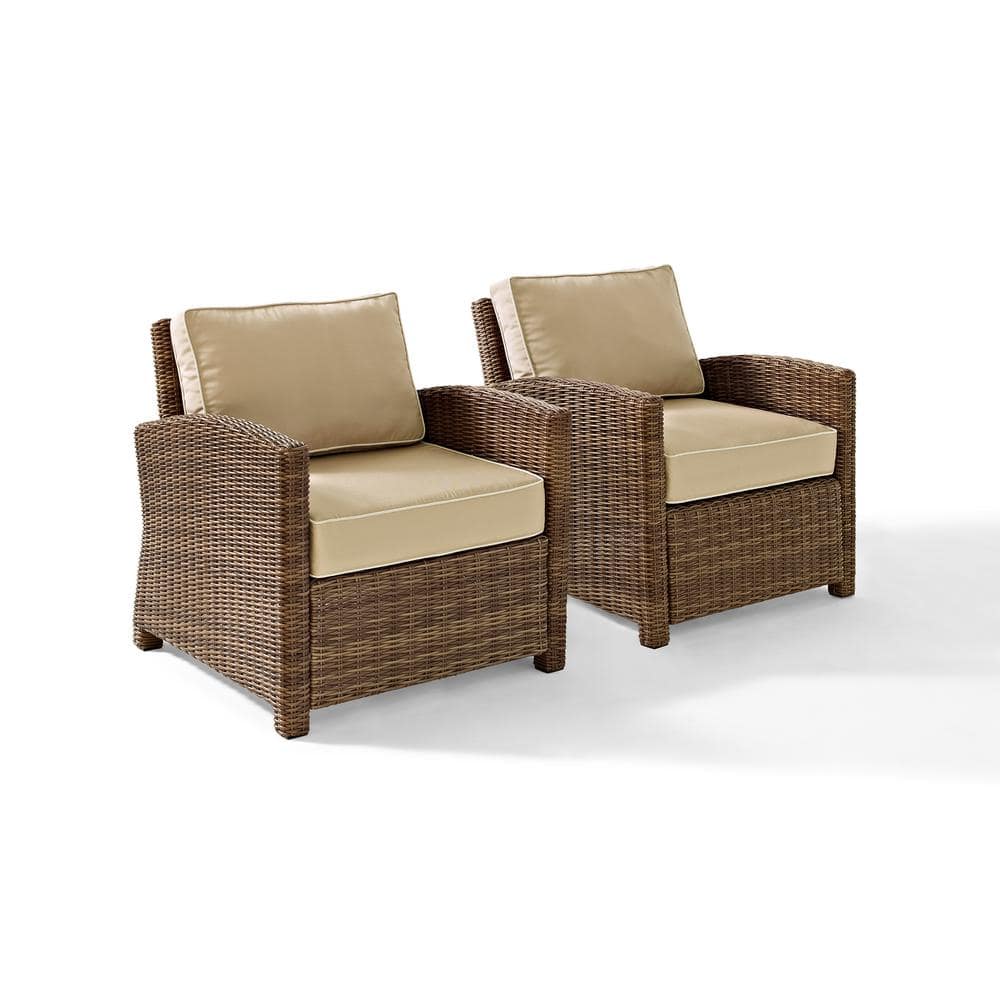 Bradenton Weathered Brown Outdoor Wicker Armchair Set with Sand Cushions