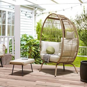Brown Wicker Outdoor Patio Egg Chair with Footrest and Beige Cushion