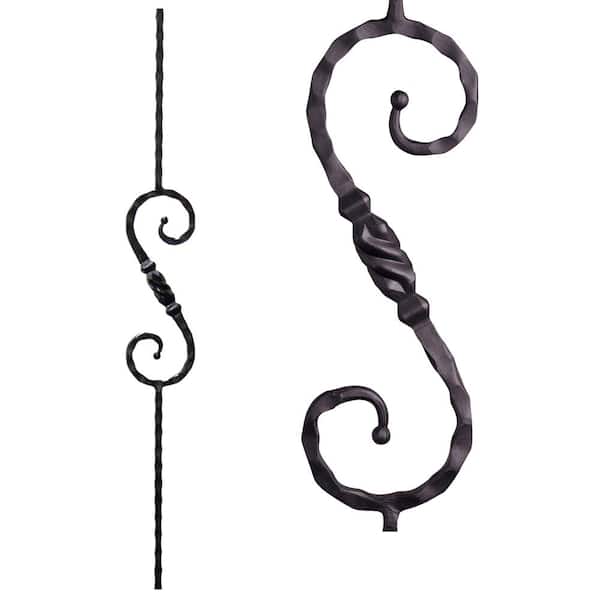 HOUSE OF FORGINGS Tuscan Square Hammered 44 in. x 0.5625 in. Satin Black Single Twisted Knuckle Scroll Solid Wrought Iron Baluster